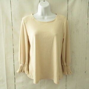 W5 Top M Medium Beige Ribbed Smocked 3/4 Sleeve Minimalist Capsule